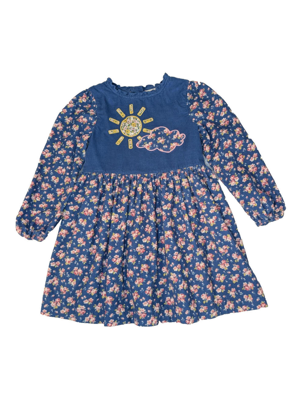 Matilda Jane Girls Blue Floral Long Sleeve Dress with Sun and Cloud Applique